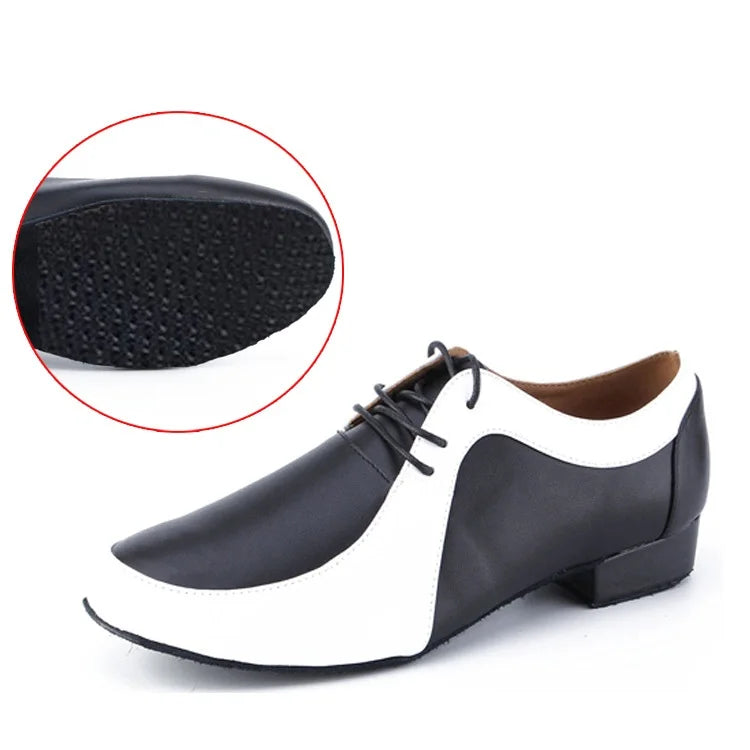 Showlu Fashion men's modern Latin dance shoes with mosaic color design, soft square dance shoes suitable for social and wedding dance.