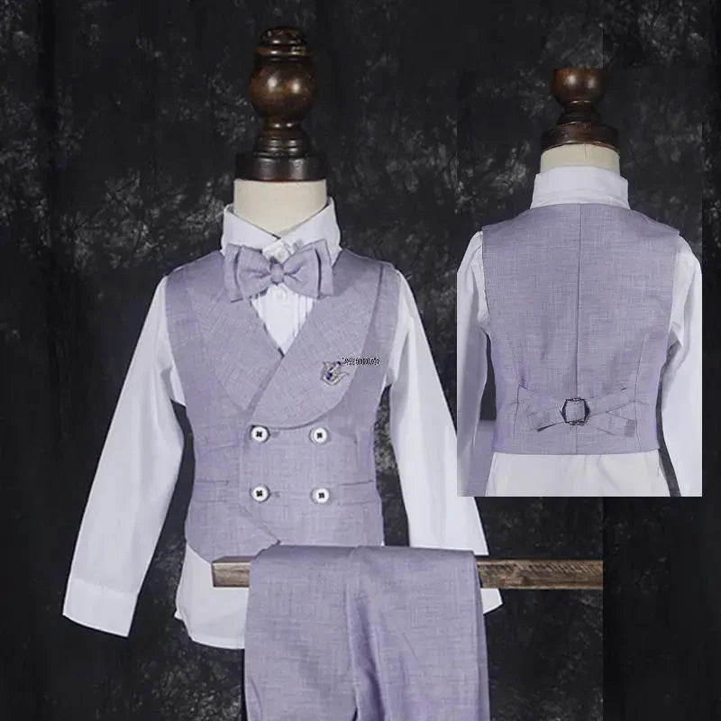Purple boys' formal wedding suit with 5-piece tuxedo set, including jacket, vest, shirt, pants, and bow tie by SHOWLU FASHION STORE