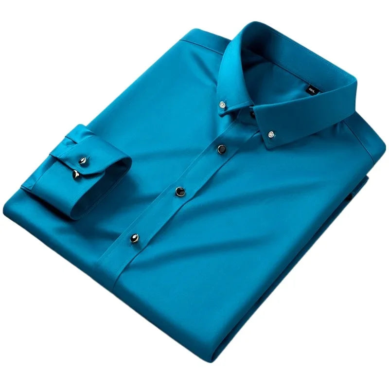 Men's long sleeve silk shirt by Showlu Fashion with diamond buttons, soft, anti-wrinkle, and stretch fabric for formal or social wear.