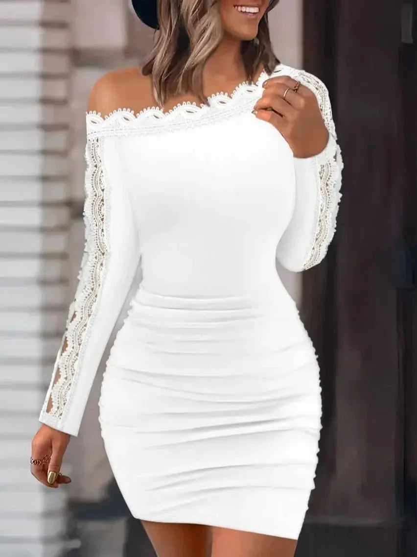 SHOWLU Women's lace splice mini sheath dress with slash neckline, slim fit, and sexy design, perfect for elegant occasions.
