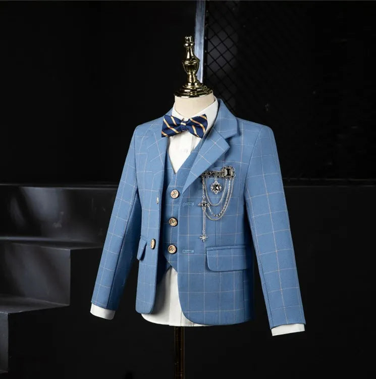 Kids boys plaid wedding suit set featuring a formal blazer, vest, shirt, and pants from SHOWLU FASHION STORE's PsyMonster collection.