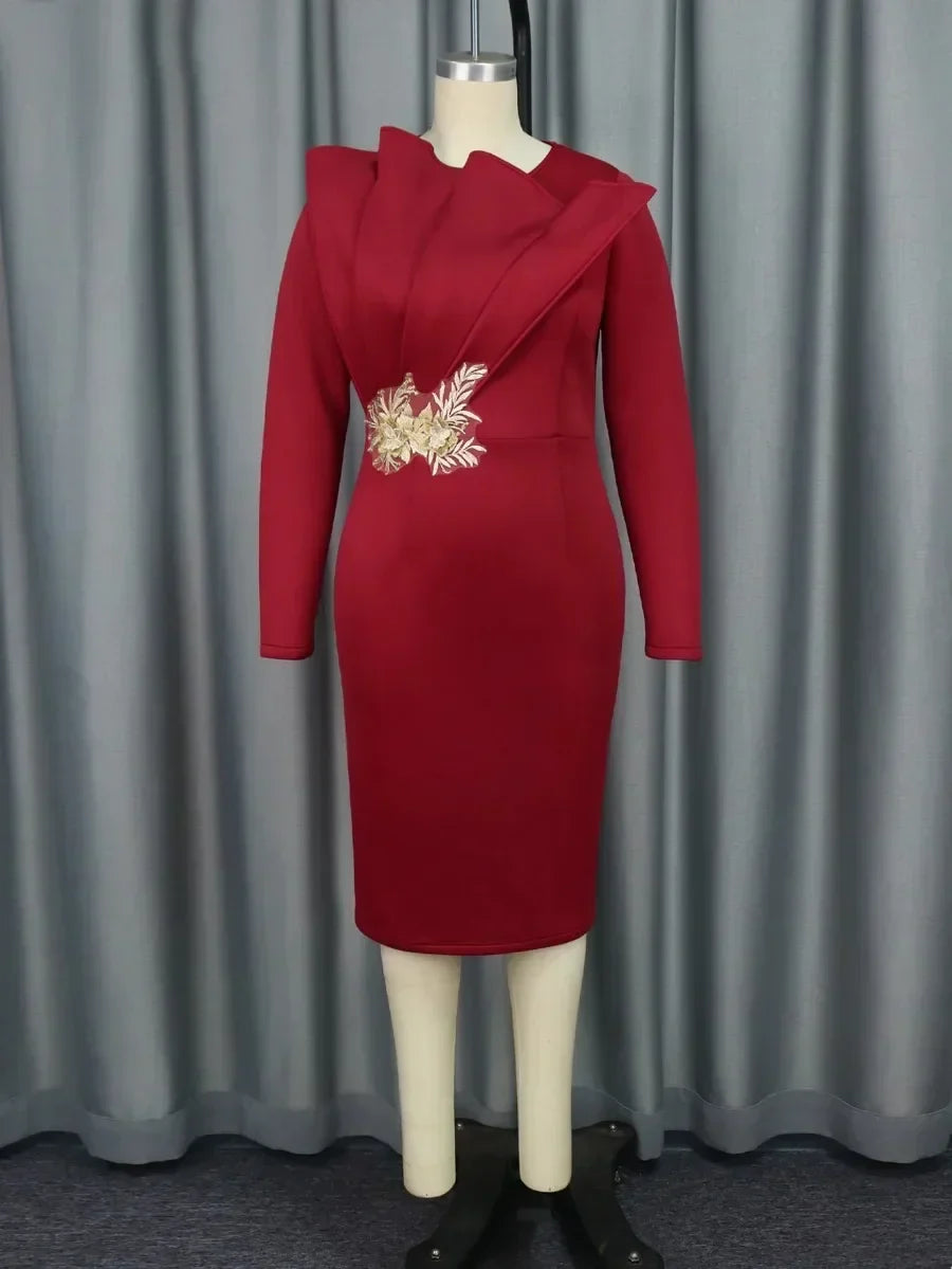 SHOWLU FASHION STORE women's lace applique sheath dress with long sleeves, perfect for wedding guests.