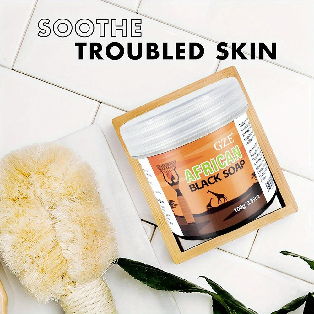 African Black Soap GZE by Showlu Fashion Store, 3-in-1 cleanser for face, hair, and body with natural ingredients and deep moisturizing.