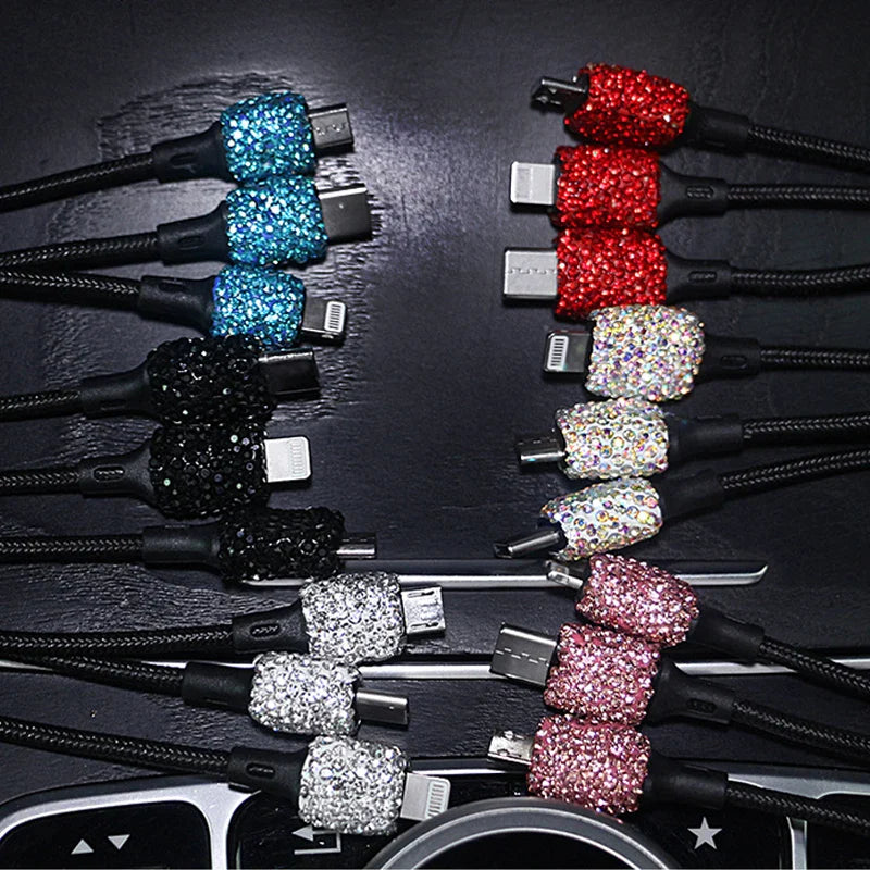 Diamond car charger by SHOWLU FASHION with dual USB ports, fast charging, and safety hammer feature, shown connected in a vehicle.