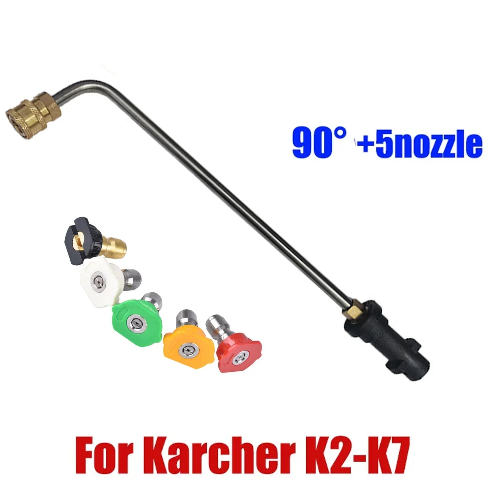 Undercarriage cleaning wand with long handle and nozzle for vehicle undercarriage cleaning, shown on a white background.