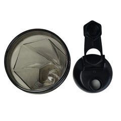 A top-down view of a 600ml grey shaker bottle with a black lid and a hexagonal interior design.