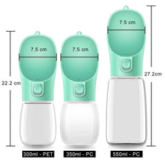 Three portable pet water bottles in 300ml, 350ml, and 550ml sizes with dimensions shown.
