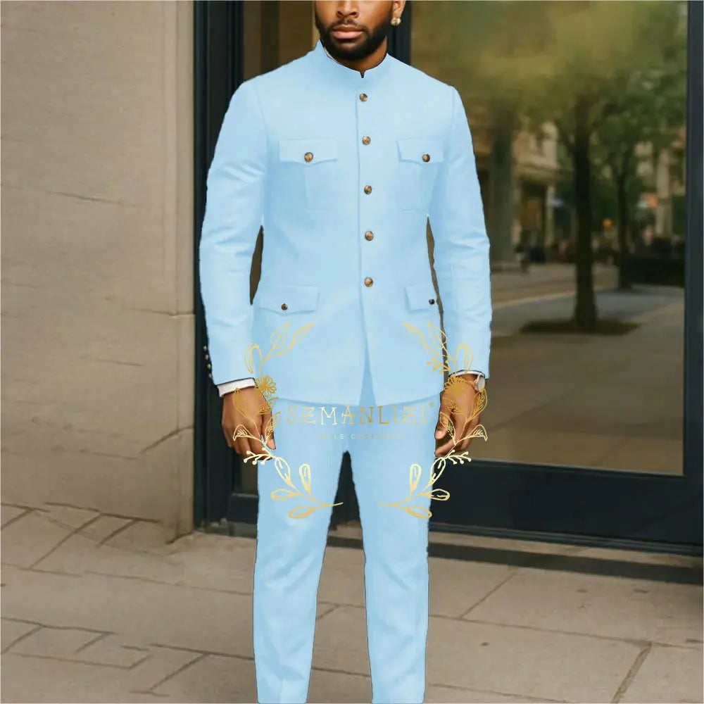White stand collar men's business suit with single-breasted blazer and matching pants, ideal for formal occasions and weddings.