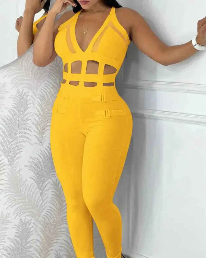 Slim fit LINLING women's mesh jumpsuit by SHOWLU FASHION STORE featuring sleeveless design and hollow-out bodysuit style.