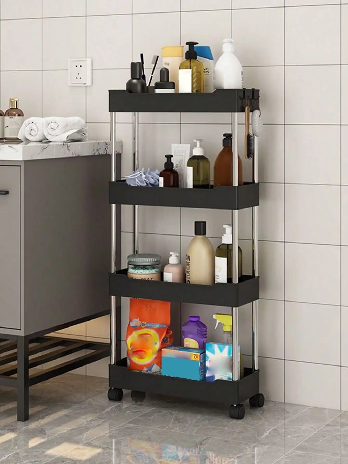 Showlu 3/4 tier rolling utility cart with slim plastic storage shelves, ideal for organizing spaces and easy to move.