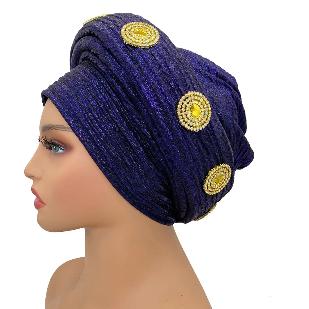 Already Made African Headtie Glitter Diamonds Women's Turban Cap Female Head Wraps Nigeria Wedding Auto Geles Party Headwear Hat