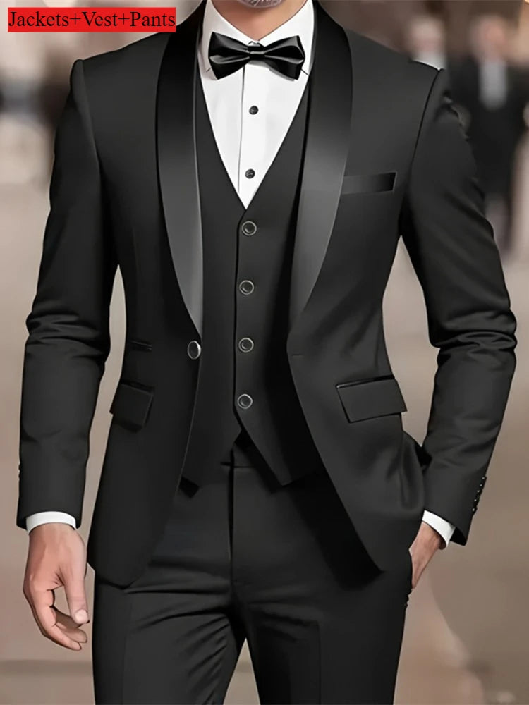 Men's Formal Suit Set Business Casual Slim Fit Tuxedo for Wedding, Long Sleeve Notch Lapel, Groom
