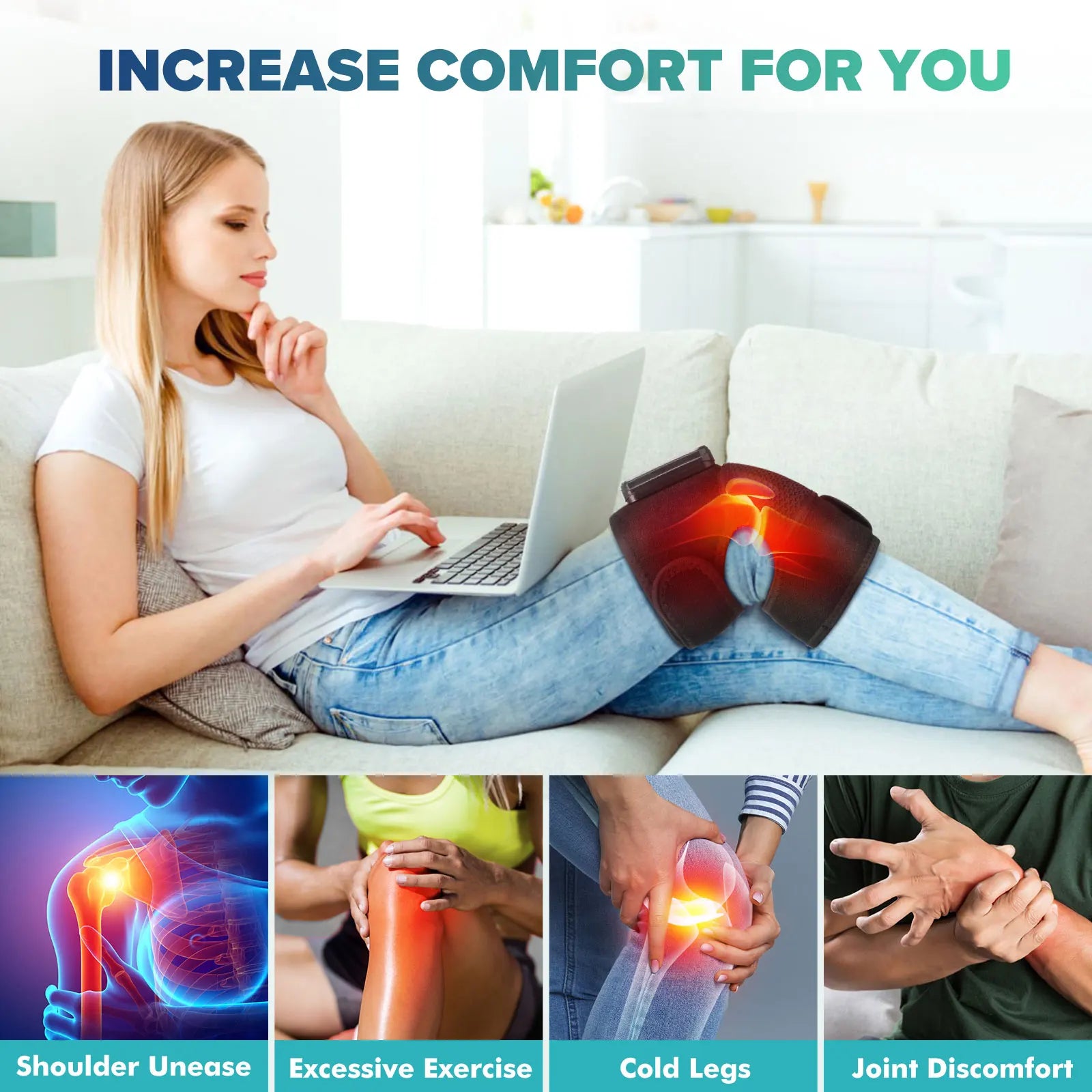 Showlu Electric Heating Knee Massager with vibration for joint relief, featuring adjustable straps and a comfortable design.