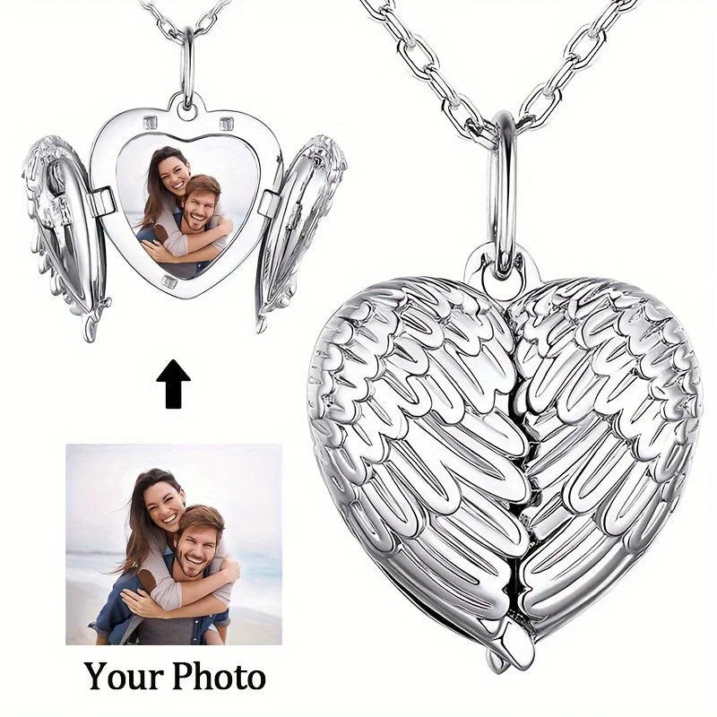 Personalized Showlu photo angel wing locket necklace in zinc alloy with a chain, featuring a decorative angel wing design.