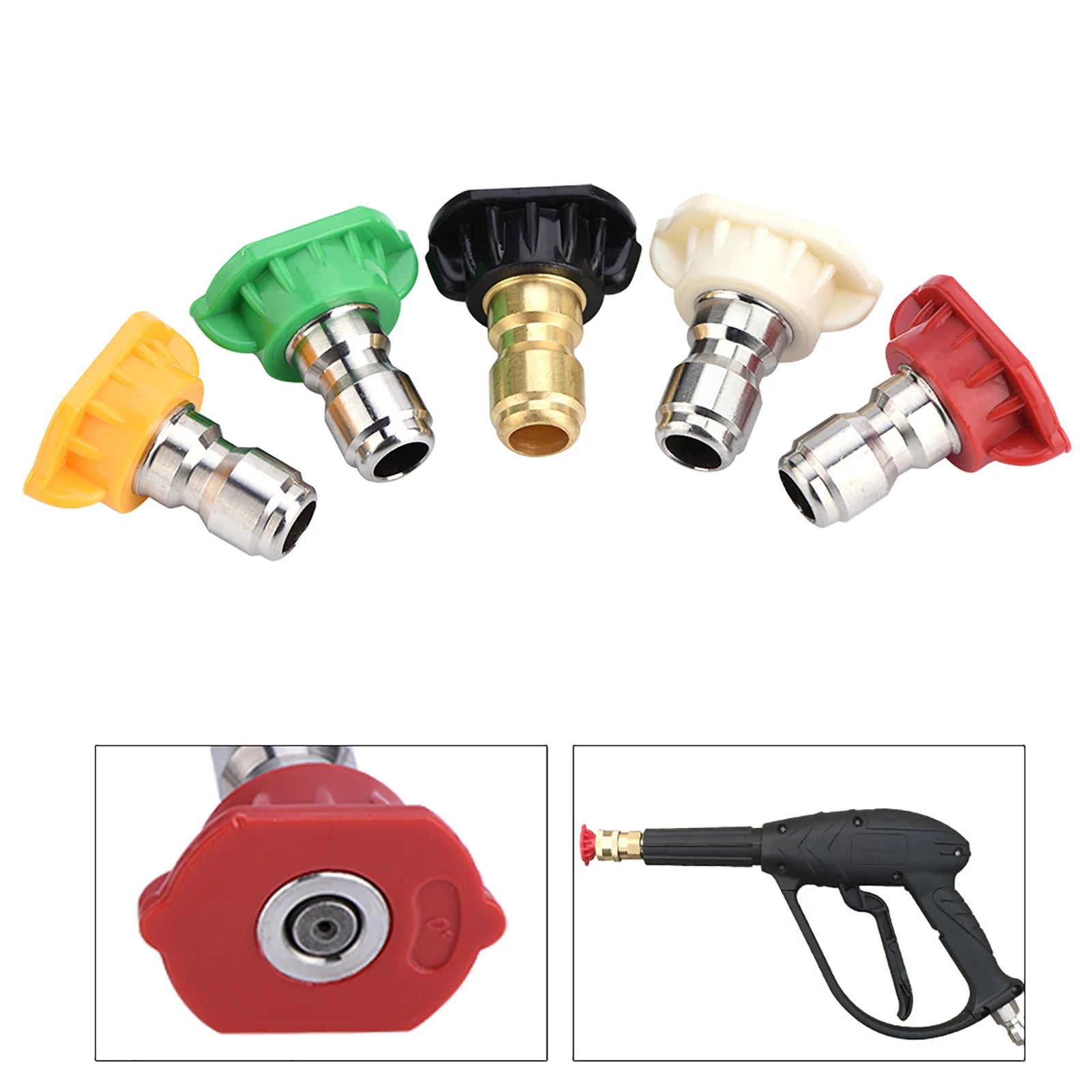 Set of five Showlu Smart General pressure washer nozzles for high-pressure cleaning, featuring different spray angles and sizes.