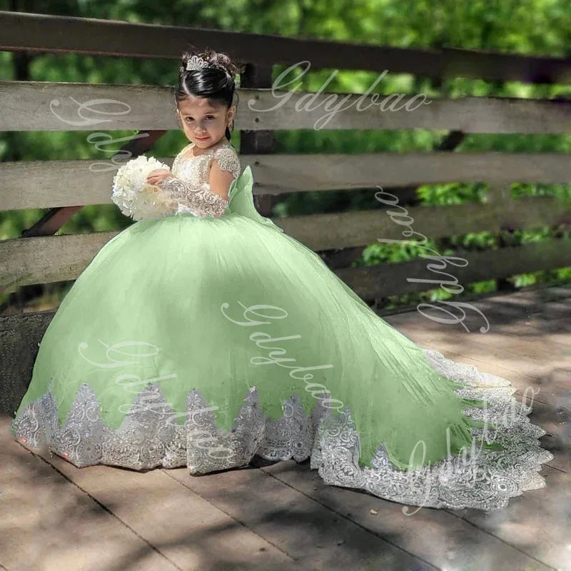 Ivory flower girl dress for wedding and special occasions, floor-length gown with appliques, made by Showlu Fashion Store for kids.