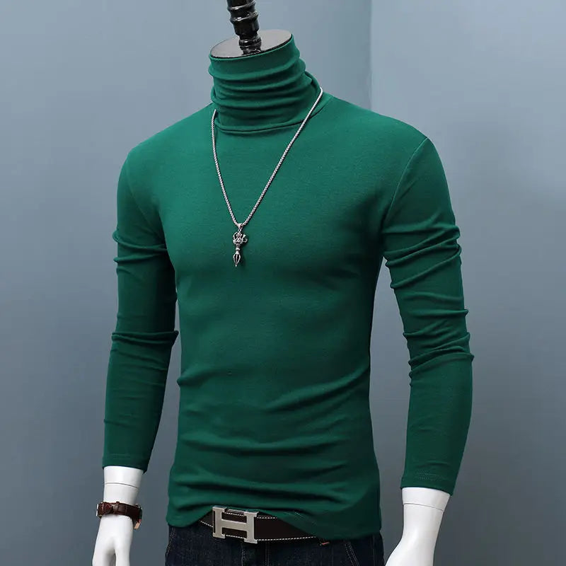Dark red men's long sleeve turtleneck shirt from Showlu Fashion Store, casual autumn winter top with stretch fabric and plus size fit.