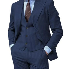 Formal Pinstripe Mens Suit Slim Fit 3 Pieces Blazer Vest Pants Set One Button Peak Lapel Elegant Tuxedos Wedding Groom Ceremony