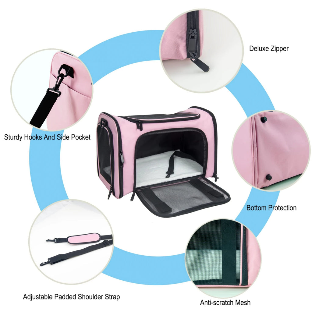 Showlu Soft-Sided Cat Carrier in TSA-approved nylon with mesh windows and padded handles, designed for comfortable travel with cats.