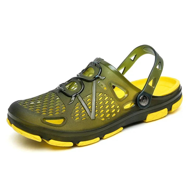 Showlu women's casual jelly sandals in bright colors, flat outdoor beach water shoes perfect for summer water activities.