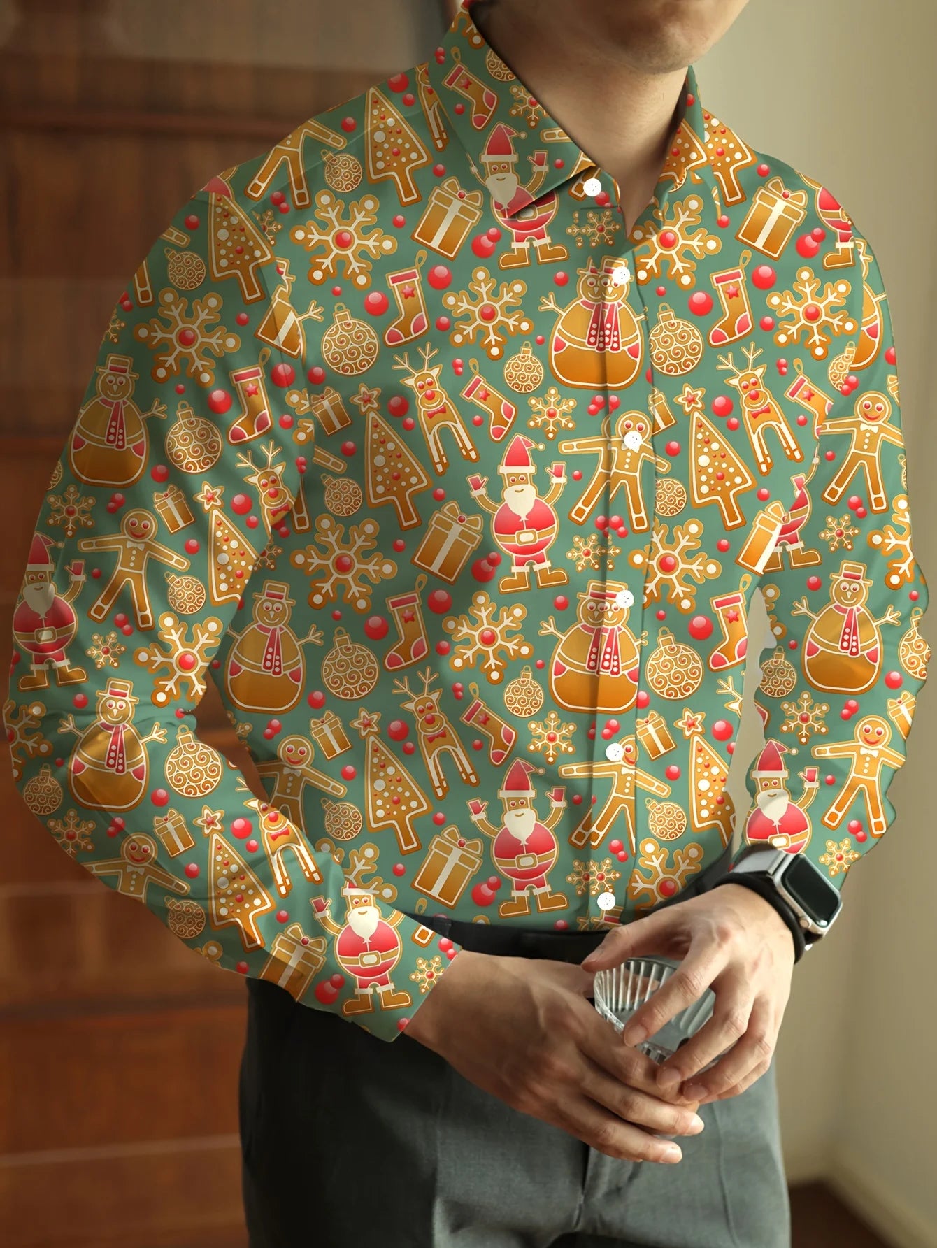 Men's Christmas festival themed 3D printed formal shirt with Santa Claus and Christmas tree graphic, long sleeve design by Showlu Fashion Store.