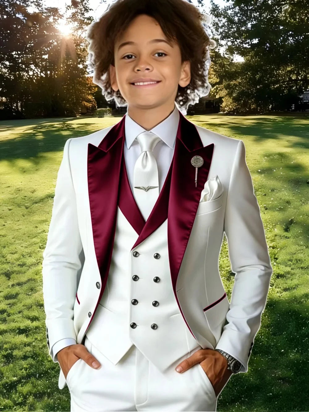 Kids suit set featuring a classic peak lapel, three-piece stage performance wear by Showlu Smart General, suitable for school activities.