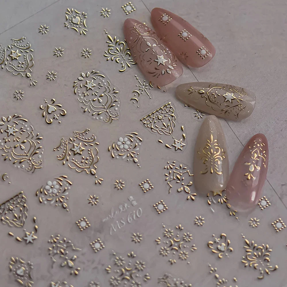 Elegant gold scepter 5D nail art stickers with gemstone design, featuring self-adhesive manicure decals for luxurious nail decoration