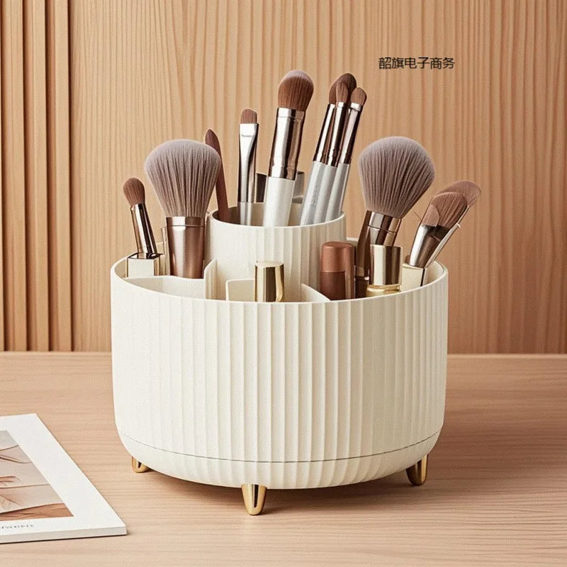 Aberzey 360° rotating makeup organizer with five compartments for cosmetics, compact storage, and easy access.
