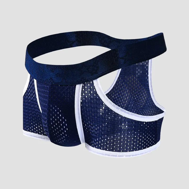 Showlu men's ice silk boxer shorts with breathable mesh fabric, designed for comfort and sportswear.