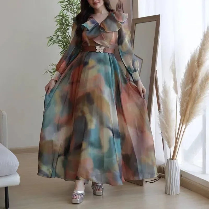 SHOWLU FASHION women's print A-line dress with long sleeves, suitable for office wear, featuring a stylish and comfortable design.