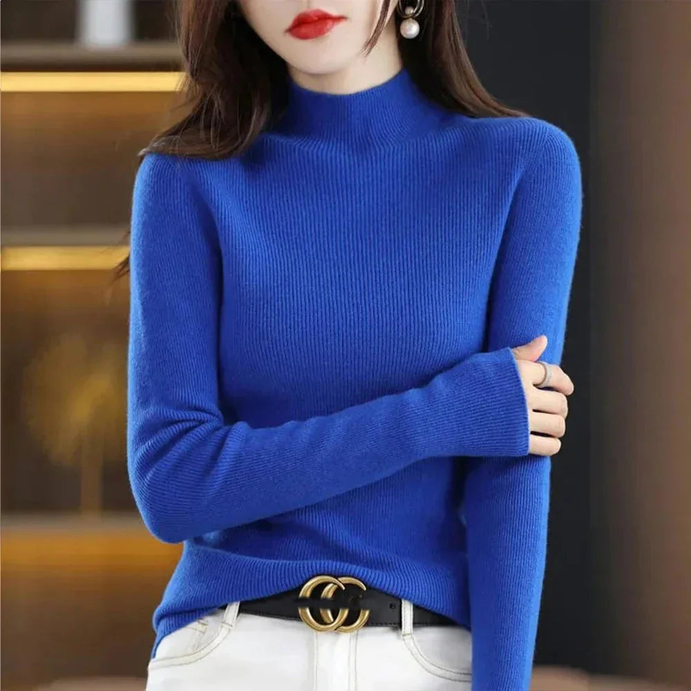 Women's pleated pullover sweater with half high collar and slim fit from SHOWLU FASHION STORE, stylish and cozy for everyday wear.