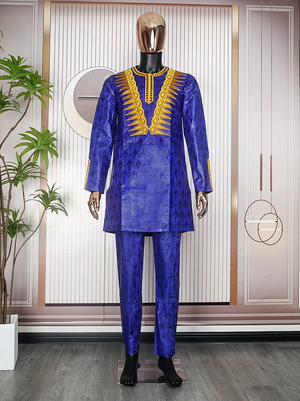 H&D men's African Dashiki 2-piece set with cotton embroidery bazin suit, featuring vibrant patterns and traditional African design.