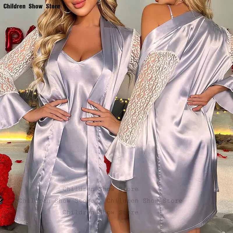 Women’s rayon bathrobe and sleep gown set with lace sleeves, kimono style, from Showlu Fashion, perfect for summer homewear and sleepwear.
