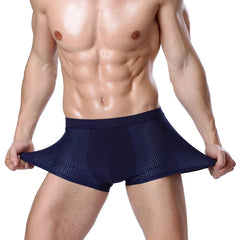 A man wearing navy blue mesh boxer briefs with a solid front pouch.