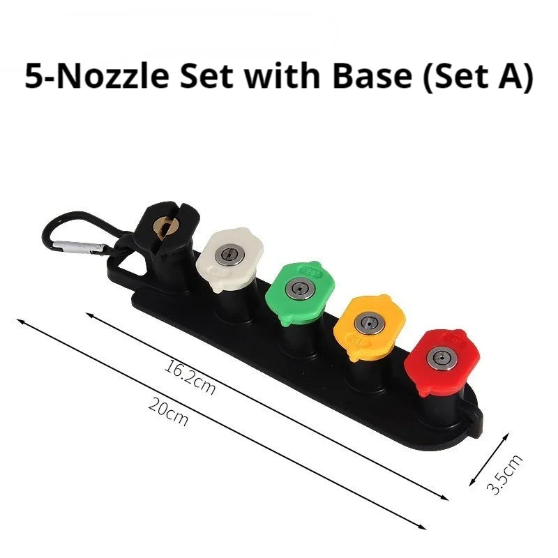 Set of seven Showlu Pressure Washer Nozzles showing different spray angles and sizes for versatile cleaning tasks.