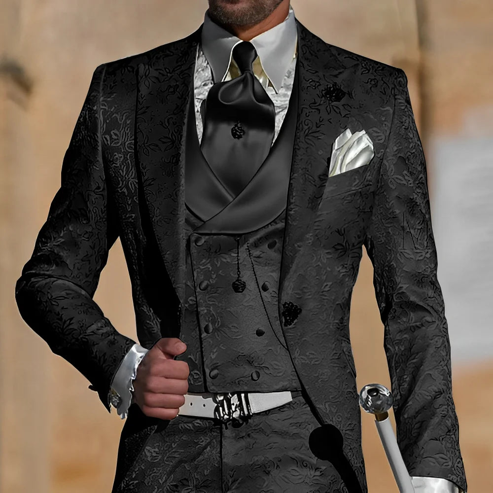 Showlu Fashion Men's 3-piece jacquard suit with tuxedo jacket, pants, and vest, perfect for formal occasions and weddings.