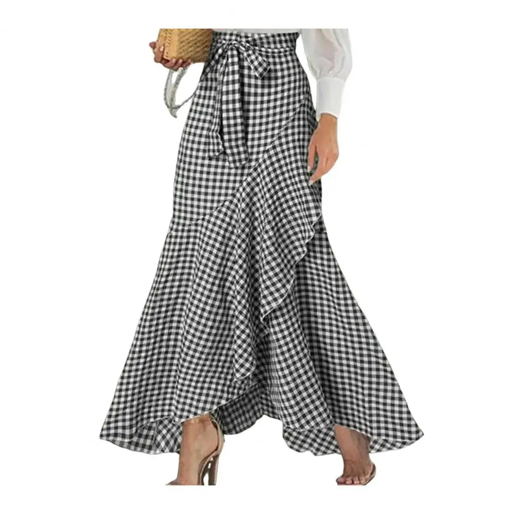 Breathable Skirt Elegant Lace-up Ruffle Trim Maxi Skirt with Plaid Print Bow Tie Detail High Waist Irregular Hem Skirt for Women