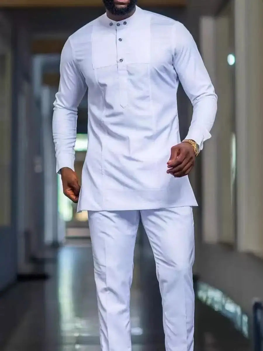 Showlu Men's African Kaftan Set in cotton blend, two-piece wedding suit featuring intricate embroidery and traditional design.