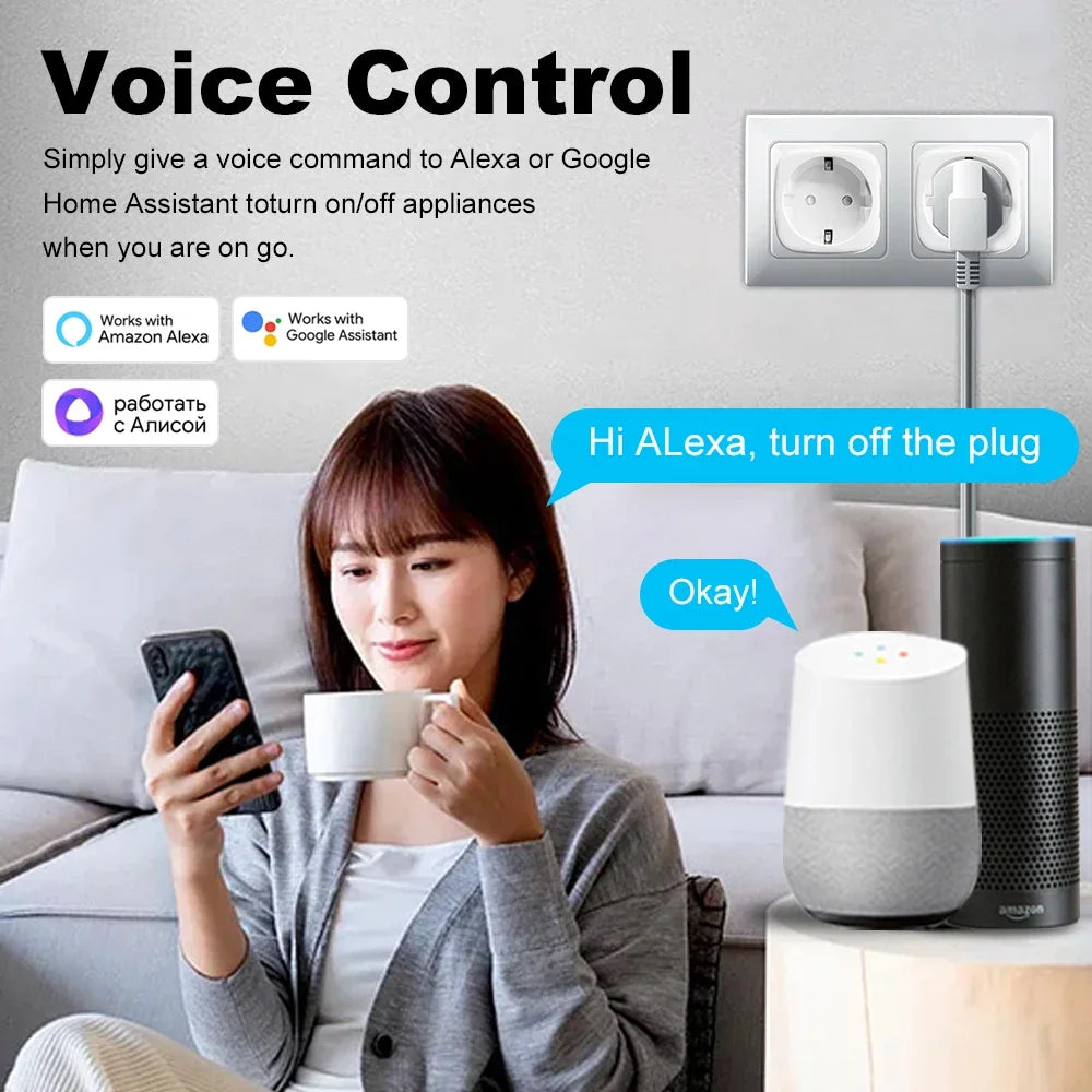 Showlu Smart WiFi Smart Plug with EU socket and power monitor, featuring voice control functionality.