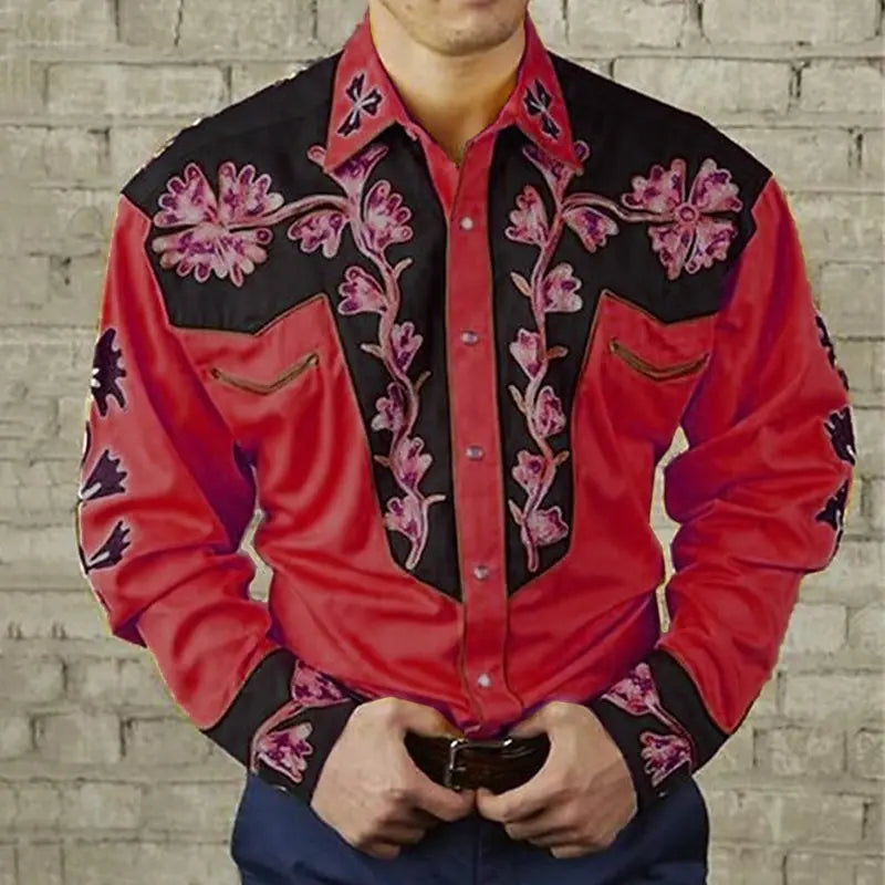 Men's floral leopard print retro style western long-sleeved shirt with lapel, suitable for outdoor street casual wear in autumn and winter.