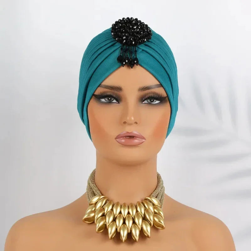 Showlu Fashion women's diamond pleated turban hijab chemo cap wrap, stylish and comfortable head covering with intricate pleated design.
