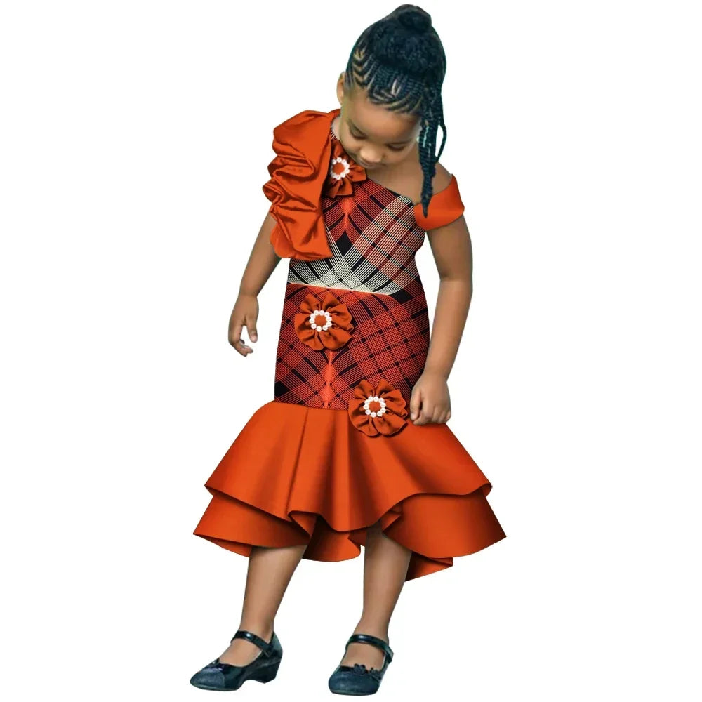 Colorful African print ORIENTARC girls' cotton dashiki mermaid dress, perfect for parties and special occasions.