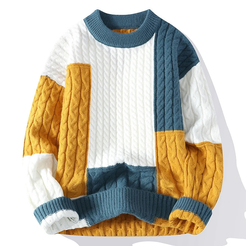 Men's patchwork knit sweater from Showlu Fashion, featuring a loose fit, casual streetwear style, and warm winter design.