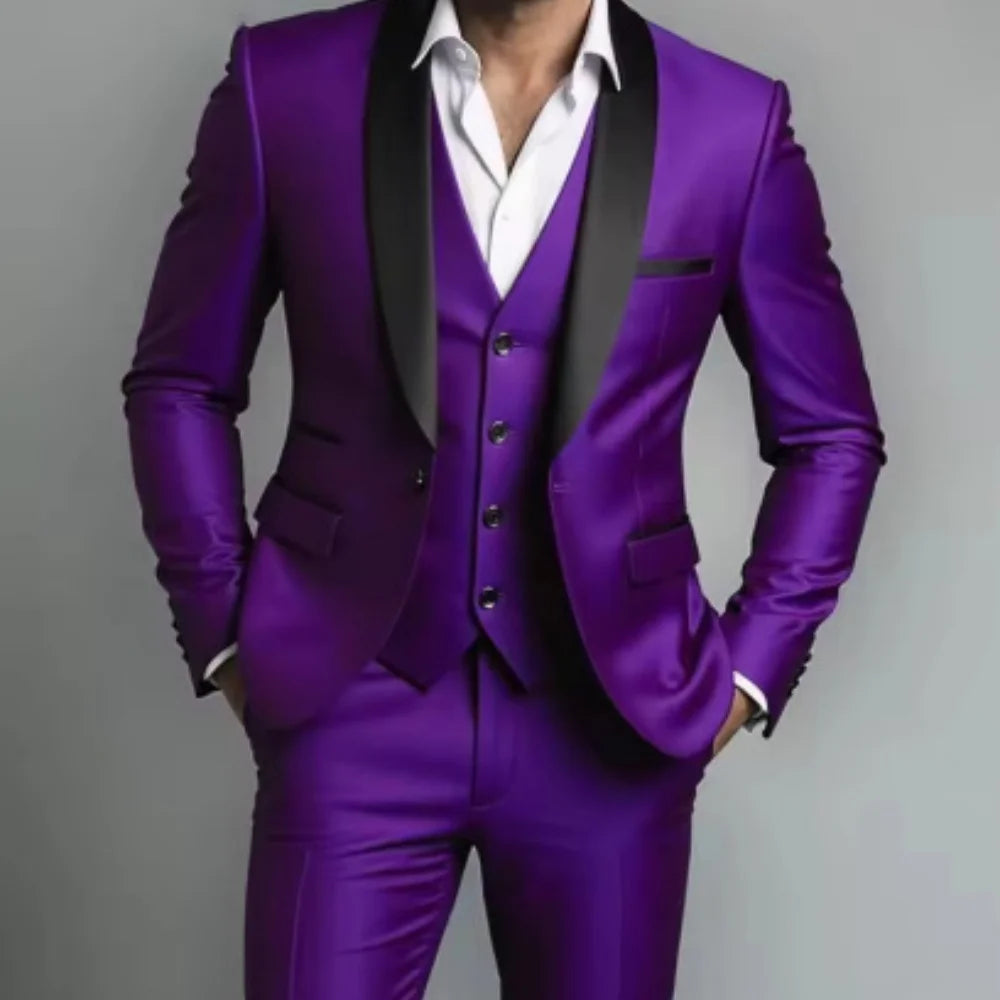 Men's Black White Slim Fit Three Piece Suit Set Large Size Autumn Wedding Party Blazer Coat Pants Vest Fashion Male Outfit