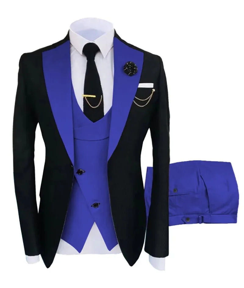 Men's black slim fit business suit with jacket, pants, and vest, perfect for formal weddings and special occasions.
