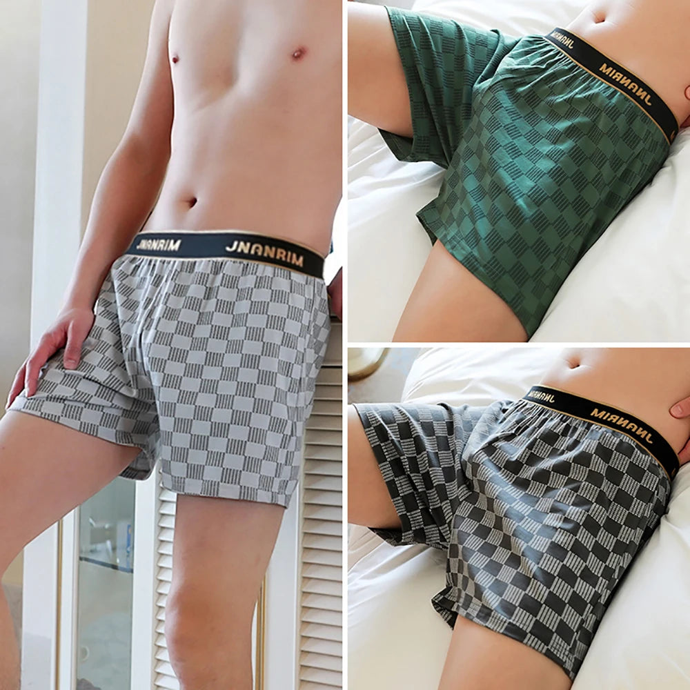 Showlu men's cotton plaid boxer shorts in a 3-pack, loose fit, breathable underwear with a casual plaid design.