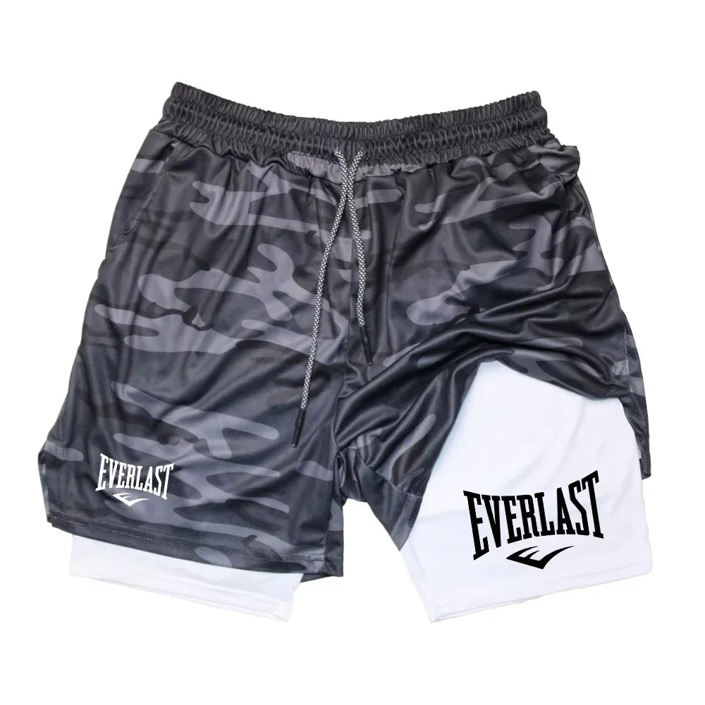 Men's 2-in-1 running shorts by Showlu Fashion featuring double-deck design, suitable for gym, jogging, and fitness training.