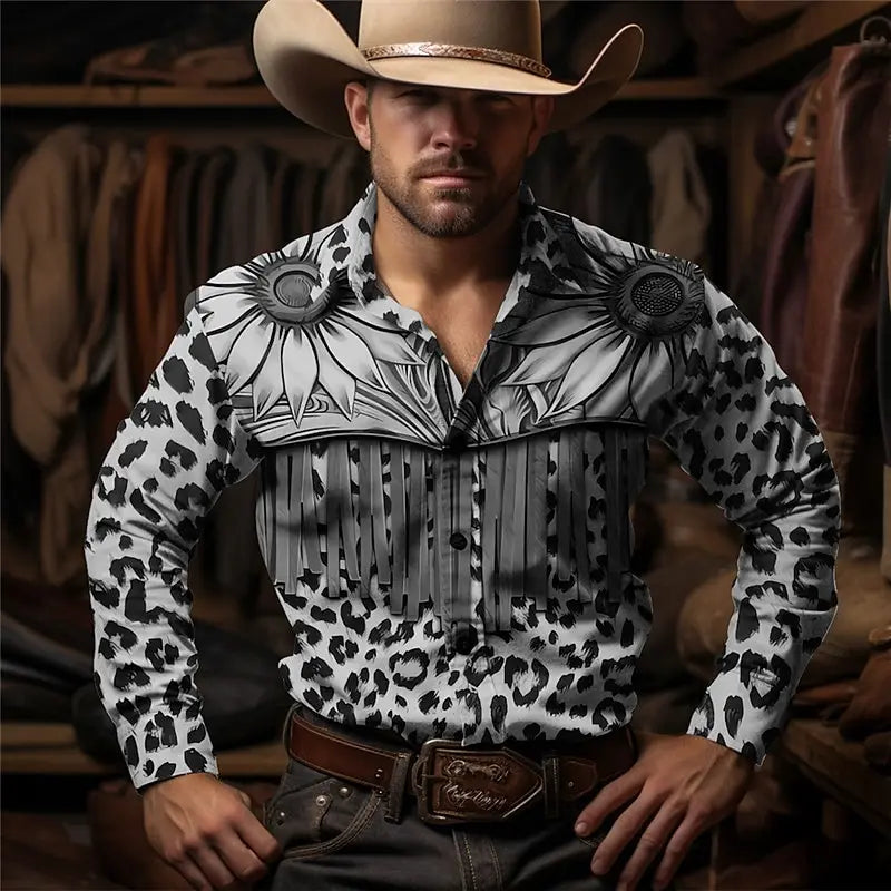 Men's floral leopard print retro western shirt with long sleeves, lapel collar, suitable for outdoor street casual wear in autumn and winter.