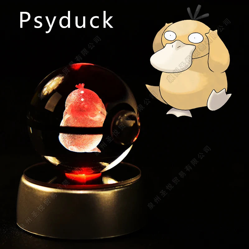 Pokemon 3D crystal ball night light by Miniso, LED glass Pokeball lamp illuminating with vibrant colors and detailed design.