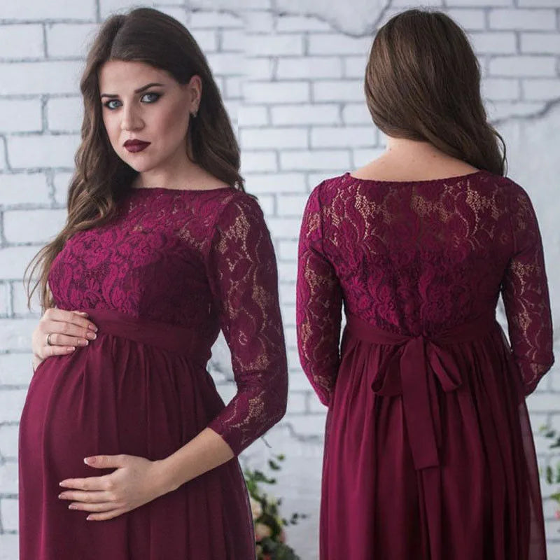 Lace maternity maxi gown with 3/4 sleeves by SHOWLU FASHION STORE, featuring elegant design for special photoshoots.